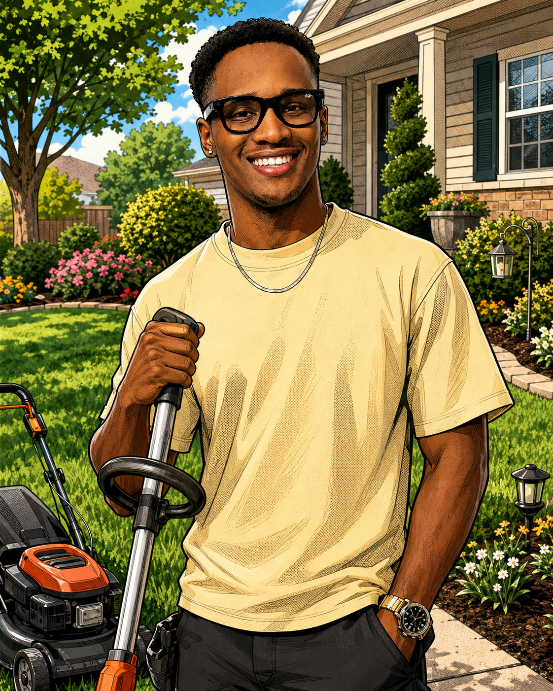 Comic-style portrait of Terrance Rodgers holding landscape equipment in a clean front yard